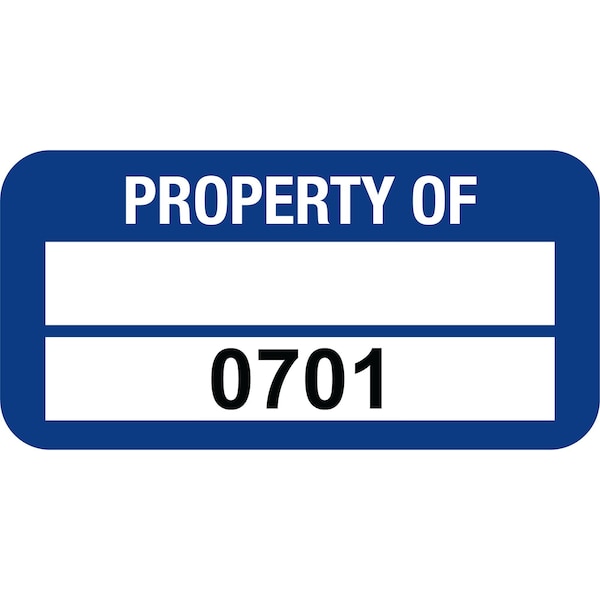 Lustre-Cal PROPERTY OF Label, Polyester Dark Blue 1.50in x 0.75in 1 Blank Pad & Serialized 0701-0800, 100PK 253772Pe2Bd0701 - main